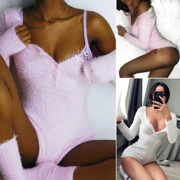 

2019 new women bodysuits knitted autumn long sleeve wears v neck bodysuits for lady fashion female clothes, Black;white