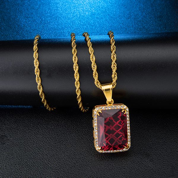 

bling iced out площадь красного камень ожерелье подвеска асфальтовой rhinestoned подвеска из нержавеющей стали цепи для женщин мужчину ювели, Silver