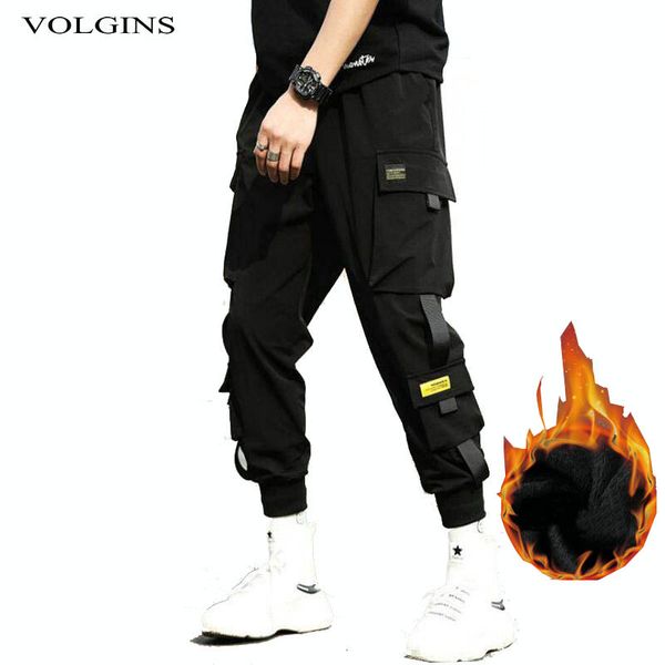 

streetwear black harem pants men fleece warm elastic waist punk pants with ribbons casual slim jogger men hip hop trousers