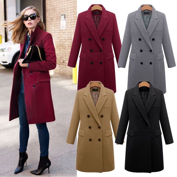 

2018 fashion women winter coat solid lapel wool long trench jacket long sleeve button ladies overcoat outwear women clothing, Black