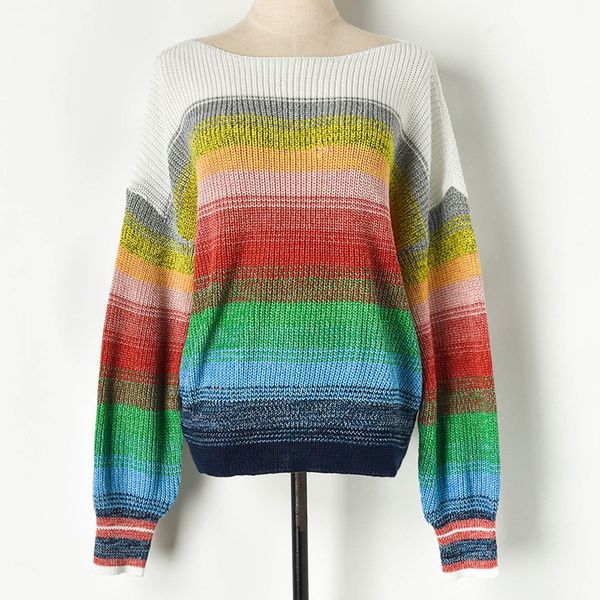 

runway new 2019 autumn thin women pullover loose oversized rainbow striped slash neck casual knitted sweater pullovers fashion, White;black