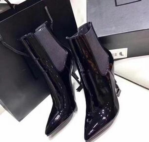 

2019 sheepskin inside luxury designer black patent leather pointed thrill heel women ankle boots ladies dress shoes