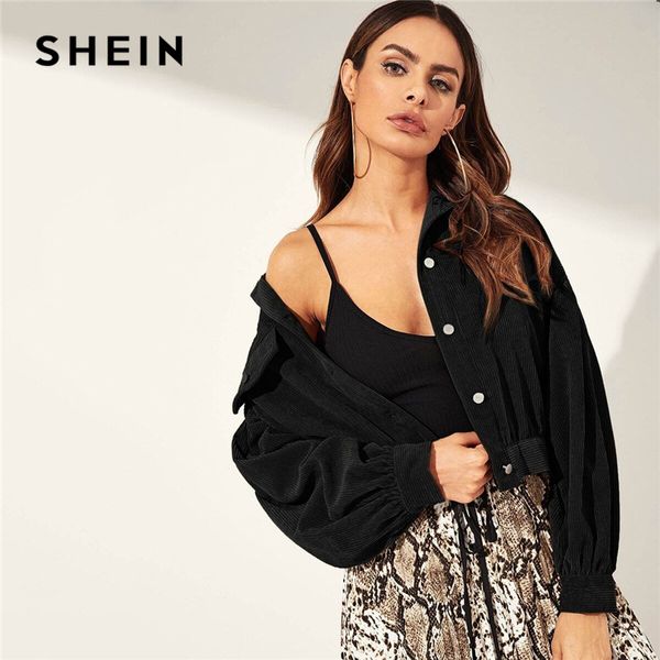 

shein solid drop shoulder single breasted corduroy jacket coat women 2019 autumn streetwear bishop sleeve ladies casual outwear, Black;brown