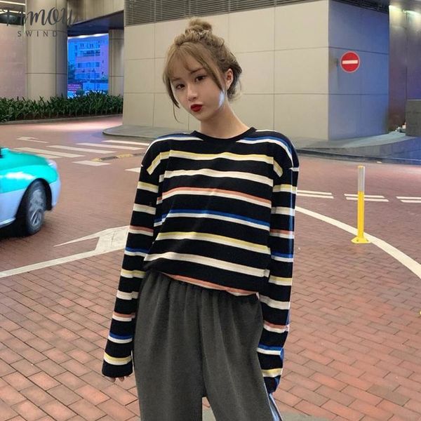 

polyester rainbow t shirt women striped kawaii clothes harajuku korean style streetwear aesthetic long sleeve fall roupas feminina o neck, White