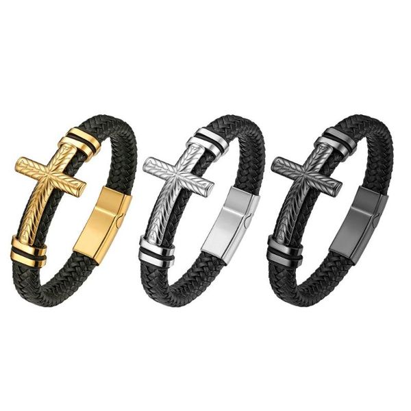 

boniskiss gold classical multi-layer cross leather chain weaved man bracelets bangle magnet clasp 316l stainless steel wristband, Golden;silver