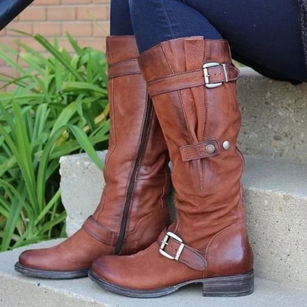 

nice buckle strap boots women new autumn retro mid-calf boots female winter ladies zipper snow flat casual botas mujer, Black