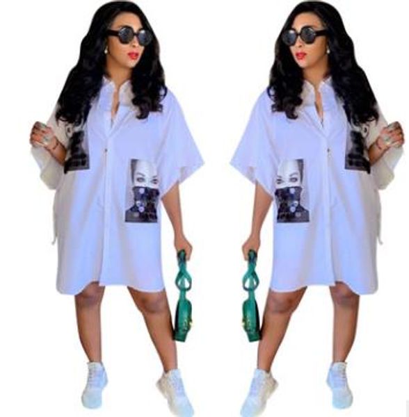 

designer loose white shirt dress women casual dress half sleeve print character button shirt dress, Black;gray