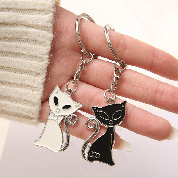 

1 pair black white cat keychains for purse bag charm pendant car key ring chain @m23, Silver