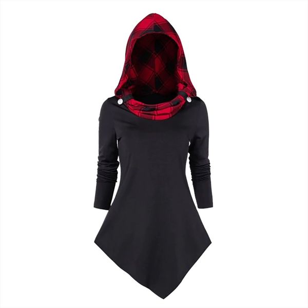 

gothic woman hoodie sweatshirt long sleeve checked panel hooded pullover cloak tunic asymmetric casual blouse mini dress, Black