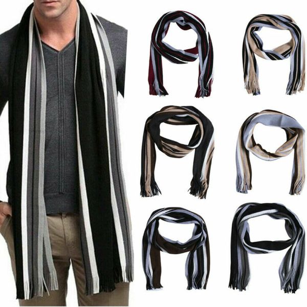 

men`s long soft knitting wool scarf classic shawl winter warm fringe striped tassel scarf, Blue;gray