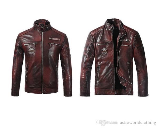 

pu leather mens biker jackets stand collar long sleeve thick designer mens leather jacket autumn mens printed coats, Black