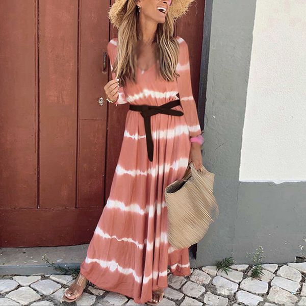 

women casual dress long sleeve loose v-neck striped beach party evening holiday dress autumn ladies maxi long dresses vestido, Black;gray