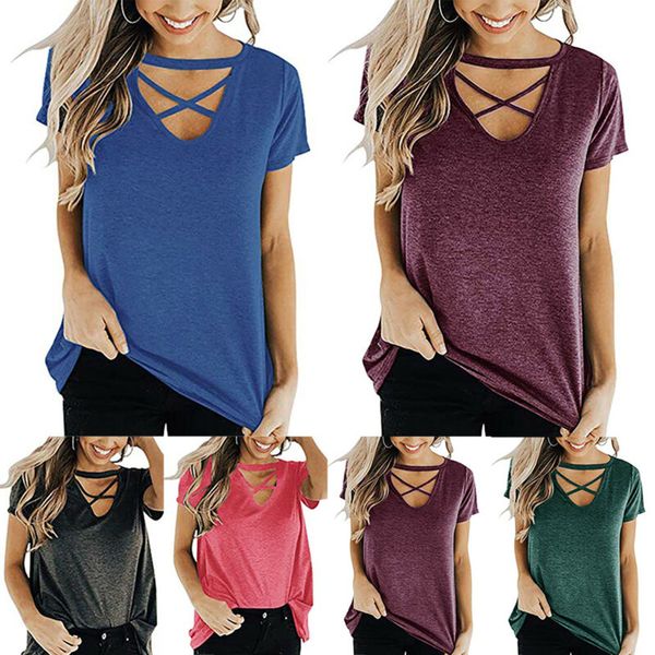 

women's summer strappy v neck basic tee short sleeve casual t-shirt blouse, White