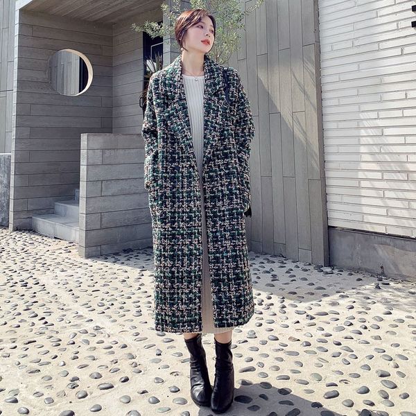 

women's winter new fashionable chic long woolen coat retro lazy style tweed lapel coat concealed plaid trench long wind jacket, Black