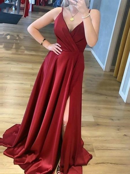

elegant a-line long burgundy v-neck evening dresses with pockets robe de soiree pleated spaghetti prom gown vestido de festa, Black;red