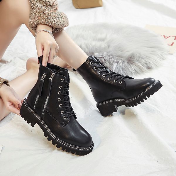 

shoes women's boots autumn booties woman 2019 low heel winter footwear lace up boots-women zipper round toe ladies 2020 rock, Black