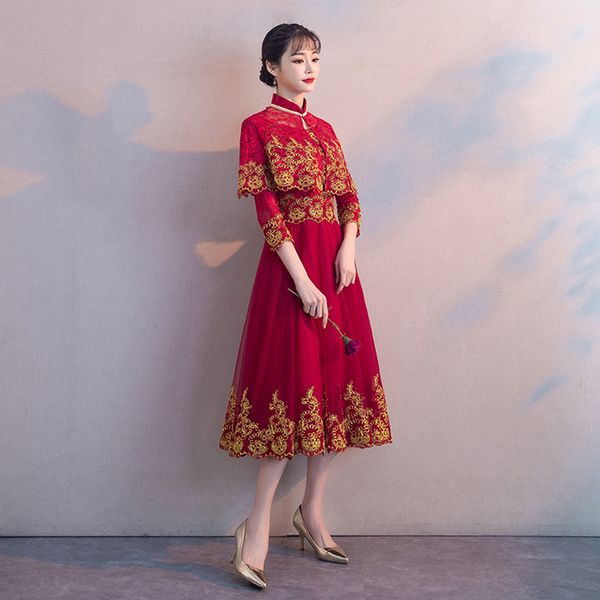 

ethnic clothing size xs-xxl embroidery elegant vestidso cheongsam lace bride wedding party gown women dress three quarter sleeve qipao, Red