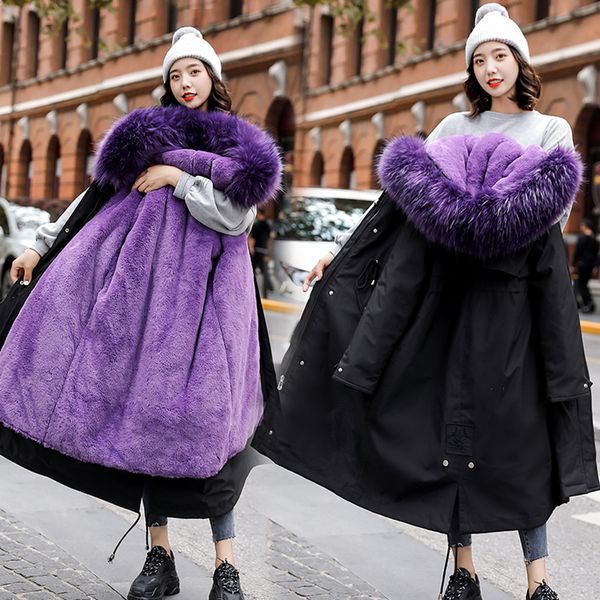 

2019 hooded parka womens thickening outerwear slim down cotton coat female 2019 new long fur collar winter jacket for women, Black