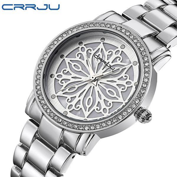 

crrju brand steel band rhinestone watch women fashion rose gold flower dial dress business watches luxury wristwatches clock, Slivery;brown