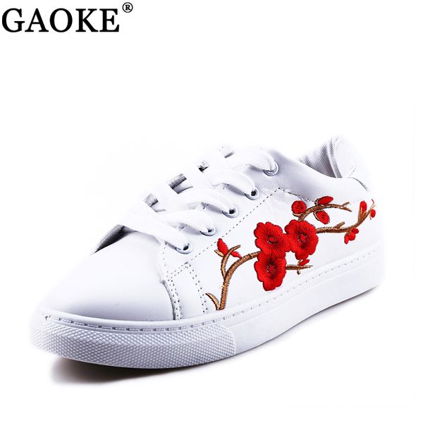 

women shoes 2020 spring embroidery flower female chic casual shoes sneakers leather white red floral vintage style 36-40, Black