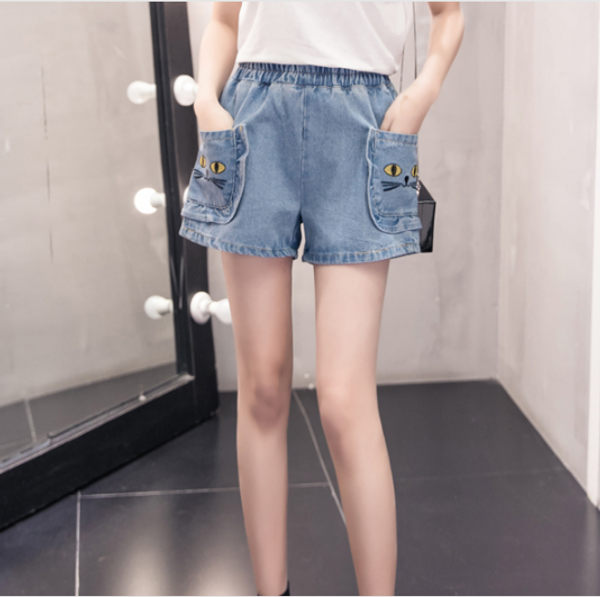 

women's shorts elastic high waist jeans fashion 2021 summer women with cartoon pockets femme plus size blue denim fw883, White;black