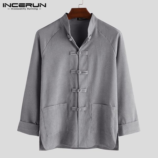 

incerun vintage men corduroy shirt solid 2019 loose button stand collar camisa long sleeve casual men chinese style shirts s-3xl, White;black