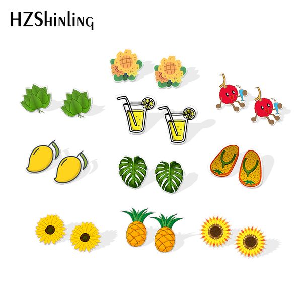 

2020 new monstera leaf acrylic earrings pineapple fruit juice watermelon banana stud earrings summer holiday epoxy earring, Golden;silver