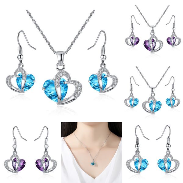 

amethyst zircon pang heart necklace earrings wedding engagement jewelry set for women popular christmas gift design accessories wedding, Silver