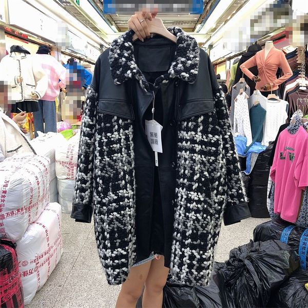 

2019 autumn winter jackets new loose plus cotton leather windbreaker stitching woolen long leather coat women outerwear xa382, Tan;black
