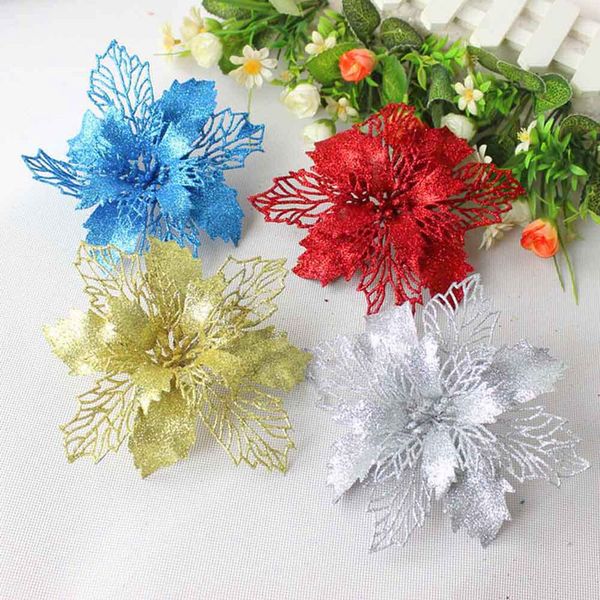 

5pcs/lot 16cm plastic simulation christmas glitter hollow flower wedding artificial flowers party decoration