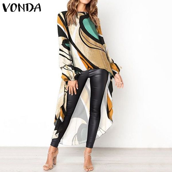 

2019 vonda fashion asymmetrical women's lantern sleeve blouse o neck long shirts female casual blusas plus bohemian tunic, White