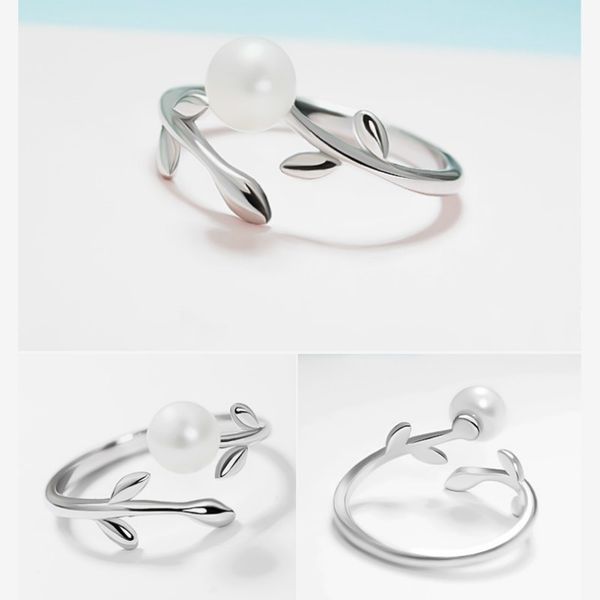 

wholesale-ring leaf pearl personality open ring silver jewelry accessories wedding fashion jewellery for women female girls, Golden;silver