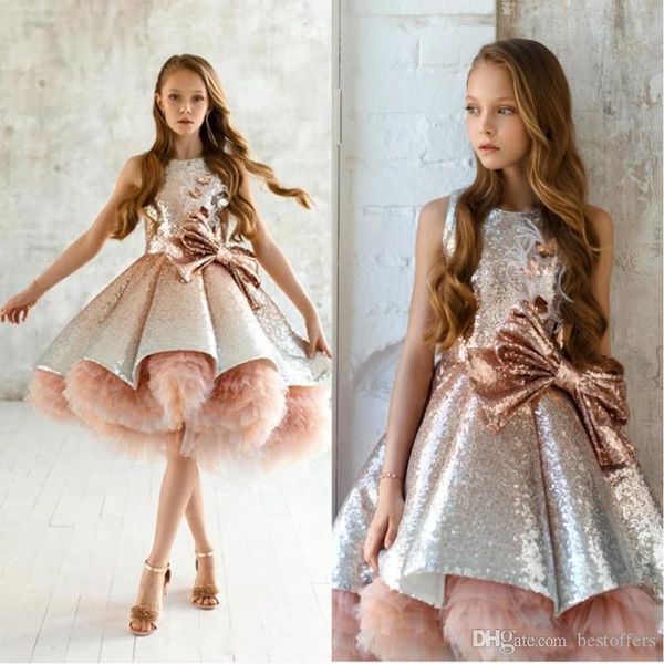 2020 Nova Princesa Sequins Blush rosa As meninas Pageant Vestidos Tiered Ruffles Tulle Ruched Flor Meninas Vestidos Puffy Dresses Prom