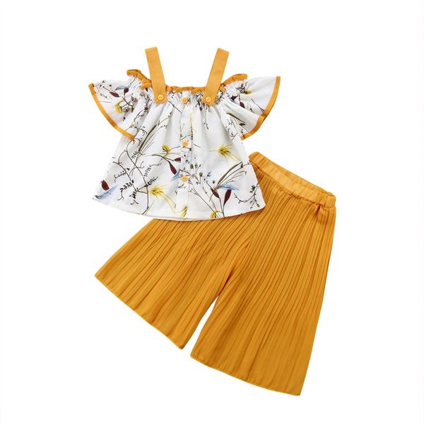 

1-6y sweet toddler baby girls clothes sets 2pcs off shoulder short sleeve flowers print t-shirts +yellow wide leg pants, White