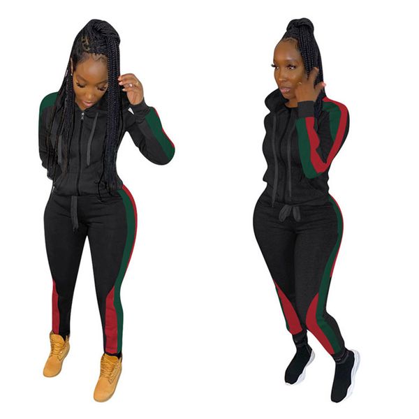 

women's stripe patchwork color tracksuit long sleeve hoodies pants two-piece suit spring red green stripe matching sport suit s-3xl e22, Gray