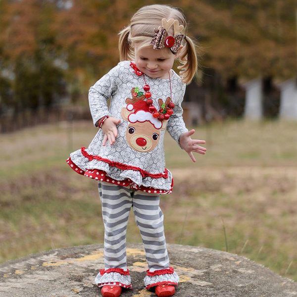 

fall fashion toddler kids baby girl christmas deer t shirt stripe pants princess outfits 109, White