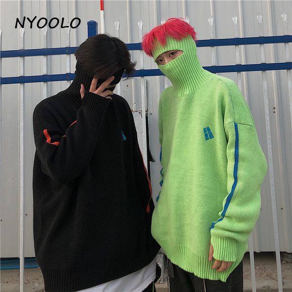 

nyoolo harajuku street holes patchwork thick warm sweater autumn winter loose long sleeve turtleneck pullover sweater women men, White;black