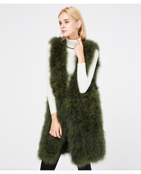 

women fur waistcoat of natural ostrich feather new style fluffy autumn winter warm fur vest pink dark green 90cm length v24, Black