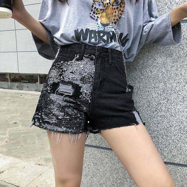 

2019new summer fashion sequin patchwork denim shorts black female high waist ripped hole tassel jeans short for women, White;black