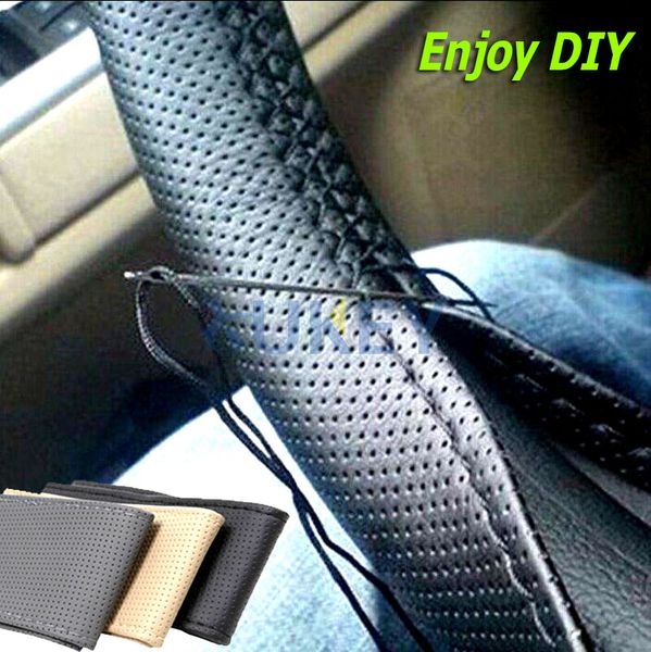 

1pc soft grip breathable car steering wheel cover hand sew sewing diy steering wheel covers pu leather air hole for auto van suv