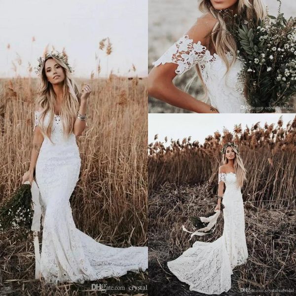 Bohemian Sexy Boho Mermaid Wedding Dresses Country Lace Off Capo di spalla Singhi a maniche corte Open Sweep Train Plus size Abiti da sposa formali