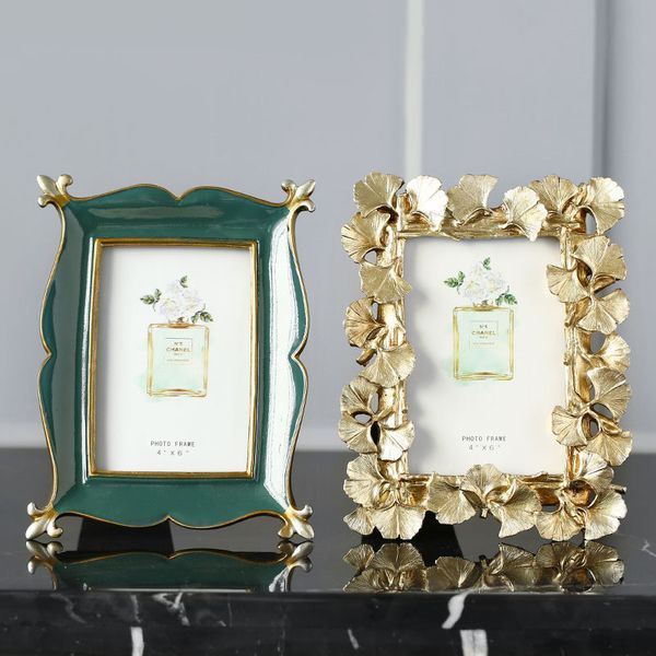 Retro dourado Ginkgo Leaves Photo Frame Emerald Molduras Criativo Mini Decoração Quadro 4/6/7 polegadas