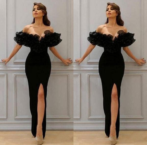 

Sexy Black Sheath Cheap Evening Dresses New Custom Ruffled Floor Length High Split Off-the-shoulder Formal Mermaid Prom Dresses Hot Selling