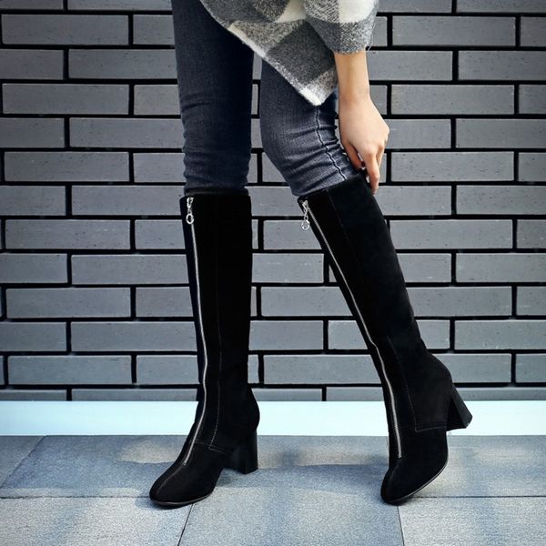 

zorssar 2019 women winter boots suede leather height increasing women shoes high heel knee-high boots thick-heeled, Black