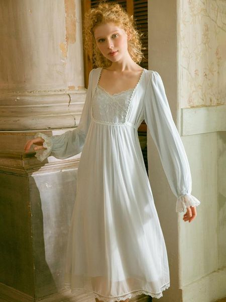 

2019 new woman pajamas ice long sleeve nighty sleepwear vintage lace nightgown women nightwear light blue pink, Black;red