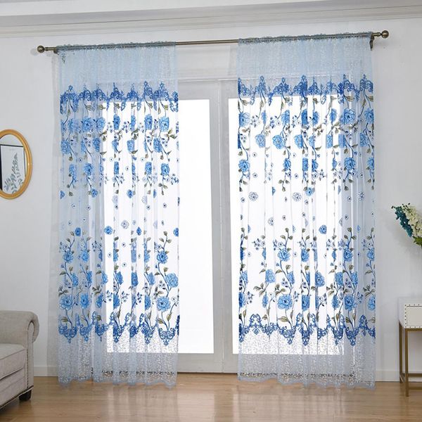 

home office peony pattern printing thin window tulle curtain pole style