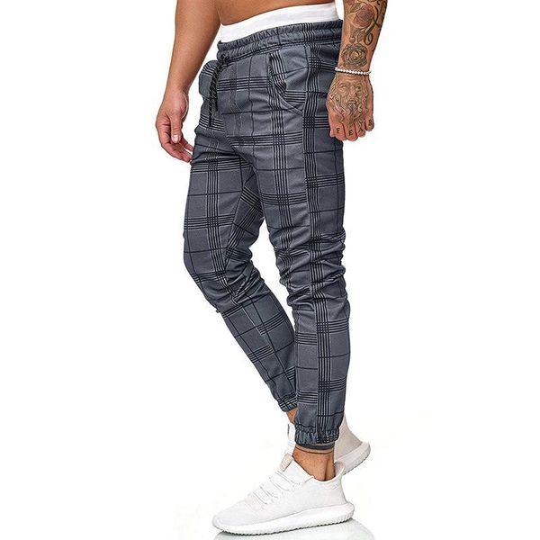 

plaid print trousers slim fit men pants trousers skinny pants fitness joggers stretch pant streetwear, Black