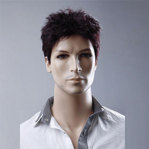 6 Inches Short Straight Wigs For Men Wine Red Toupee Natural Men
