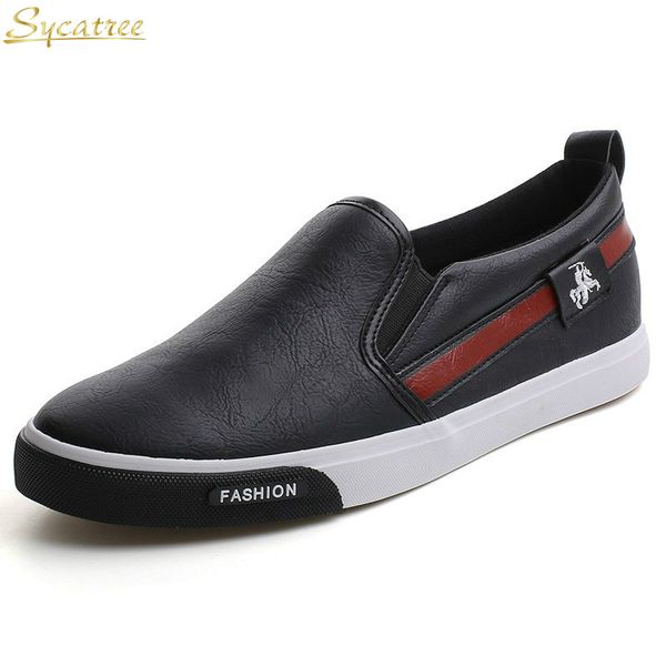 

sycatree 2019 new running shoes for men leather loafers lazy shoes men's business embroidery walking solt flat