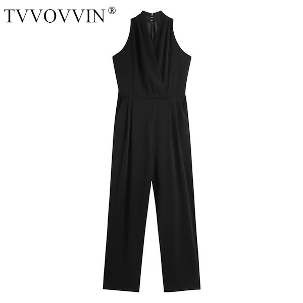 

tvvovvin v-neck sleeveless high waist black pullover pocket full length jumpsuit black color 2020 new summer fashion hdes, Black;white
